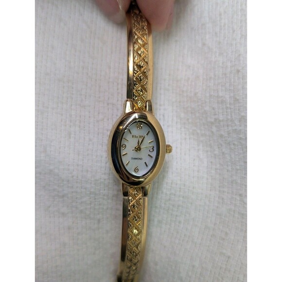 Elgin Accessories - Elgin EG8074 Diamond Cut Half Bangle Watch MOP Dial Gold Tone - UNTESTED